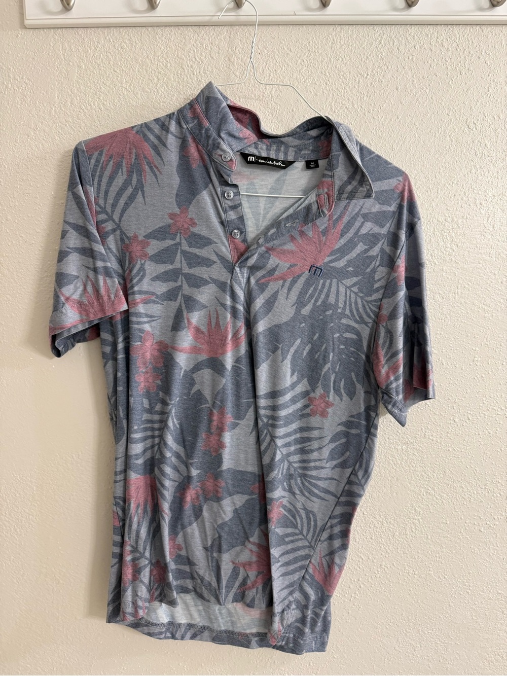 Travis Mathew Grey Polo with Dusty Rose Tropical Print